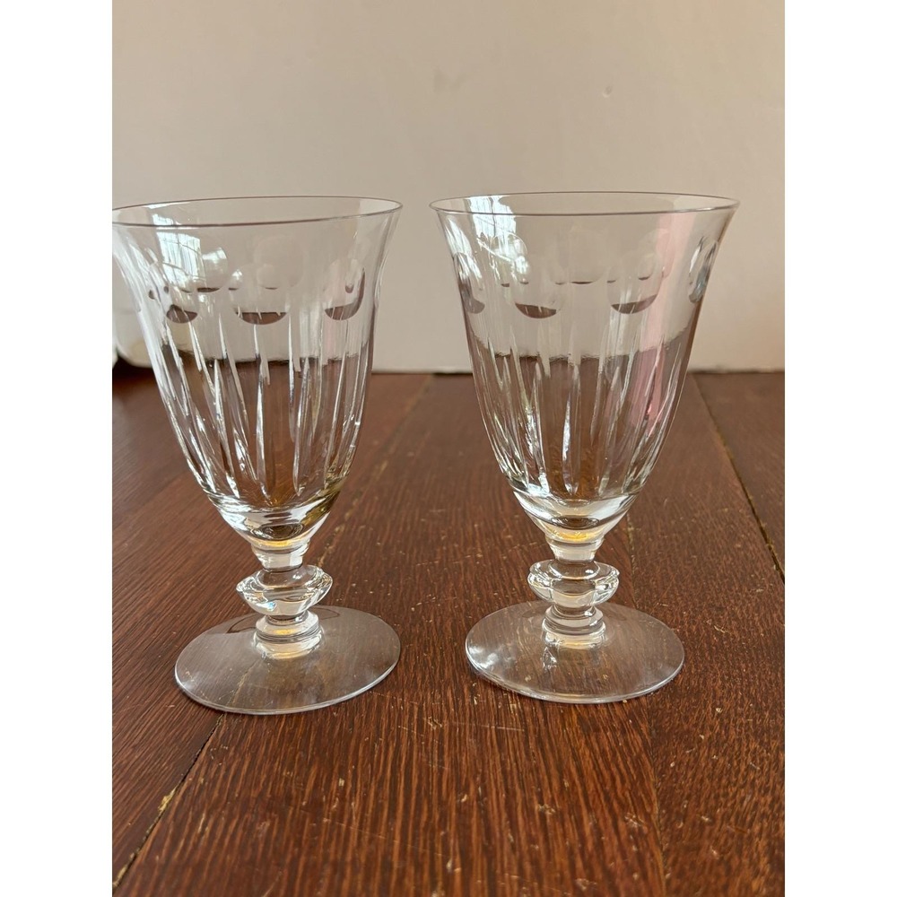 Vintage Cut Crystal Wine Goblets Set of 2 Fluted Thumbprint Stemware 5.25 Inch